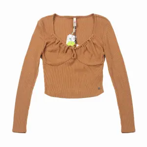Lenzing Viscose women’s long sleeve rib brushed knotted collar crop top